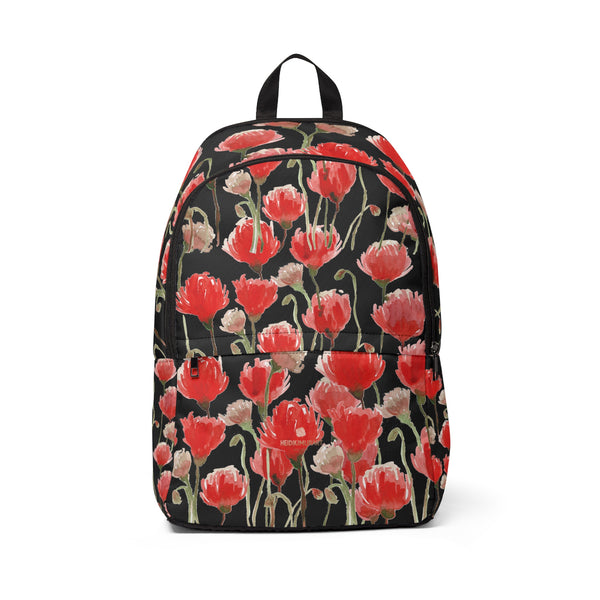 Black Red Poppy Floral Backpack, Flower Print Designer Women's Best School Laptop Bag-Backpack-One Size-Heidi Kimura Art LLC