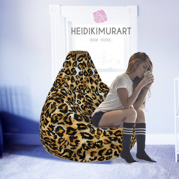 Brown Leopard Bean Bag, Brown Leopard Animal Print Water Resistant Polyester Bean Sofa Bag W: 58"x H: 41" Chair With Filling Or Bean Bag Cover Without Filling- Made in Europe