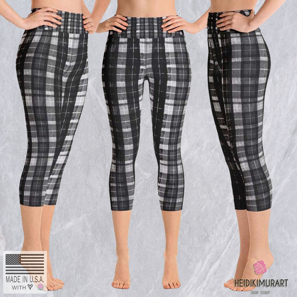 Black Plaid Women's Yoga Capri Pants Leggings Plus Size Available- Made In USA-Capri Yoga Pants-Heidi Kimura Art LLC