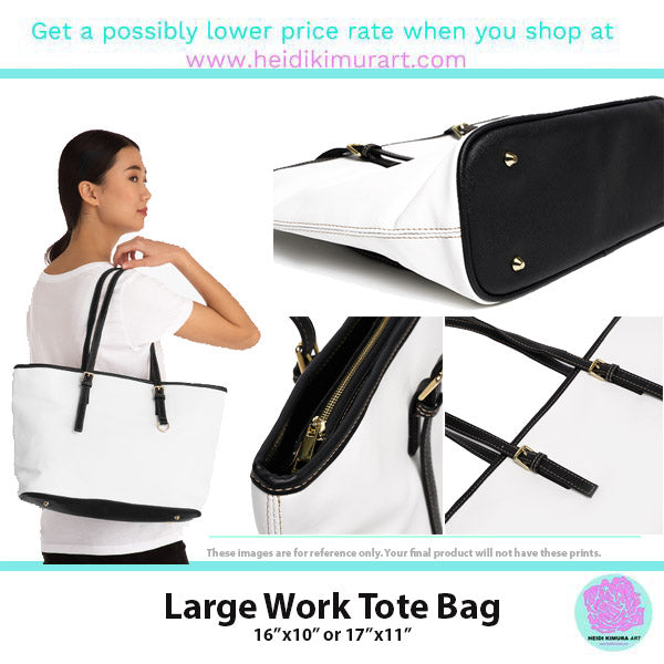White Yellow Striped Tote Bag, Vertically Striped PU Leather Shoulder Hand Work Bag 17"x11"/ 16"x10"