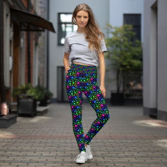 Black Rainbow Star Print Women's Long Workout Yoga Leggings Pants- Made in USA/EU-Leggings-Heidi Kimura Art LLC Black Rainbow Star Print Leggings, Black Rainbow Star Pattern Print Premium Women's Active Wear Fitted Leggings Sports Long Yoga & Barre Pants, Sportswear, Gym Clothes, Workout Pants - Made in USA/ EU (US Size: XS-XL)