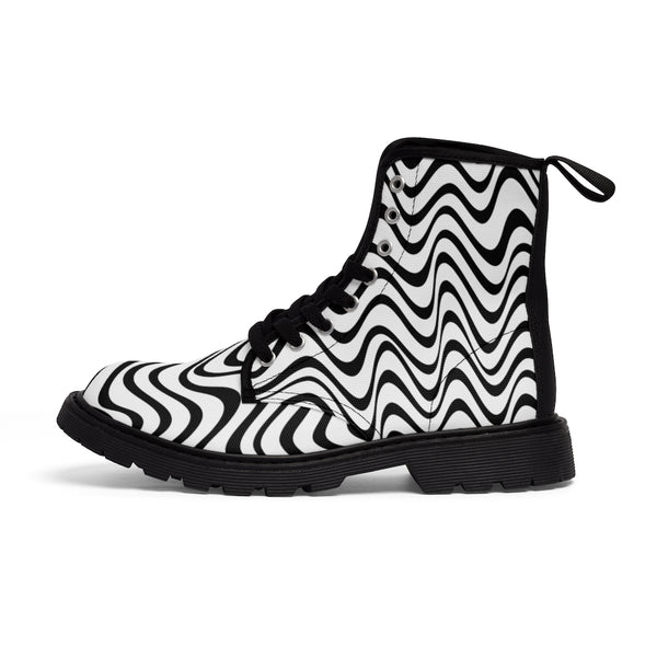 Wavy Print Men's Boots, Black White Best Hiking Winter Boots Laced Up Shoes For Men-Men's Boots-Printify-ArtsAdd-Heidi Kimura Art LLC