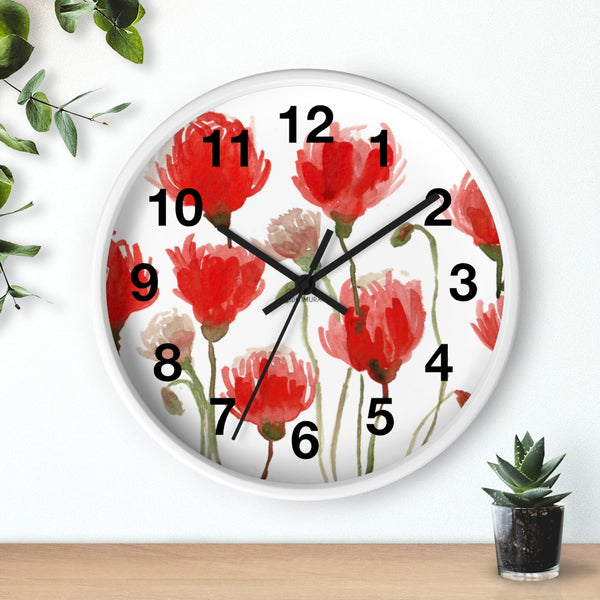 Red Poppy Floral Wall Clock,  Best Numeric Floral 10 inch Diameter Flower Wall Clock-Made in USA, Large Round Wood Girl Children Bedroom Wall Clock