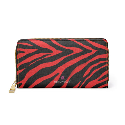 Red Black Zebra Print Wallet, Best Zebra Striped Animal Print Best 7.87" x 4.33" Luxury Cruelty-Free Faux Leather Women's Wallet & Purses Compact High Quality Nylon Zip & Metal Hardware, Luxury Long Wallet Card Cases For Women