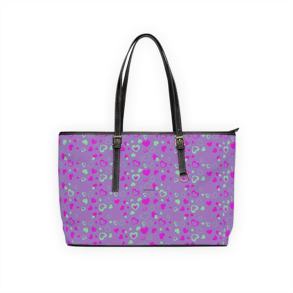 Purple Pink Hearts Tote Bag, PU Leather Shoulder Hand Work Bag