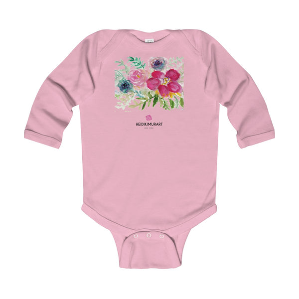 Red Hibiscus Floral Infant Baby's Long Sleeve Bodysuit - Made in UK (UK Size: 6M-24M)-Kids clothes-Pink-12M-Heidi Kimura Art LLC