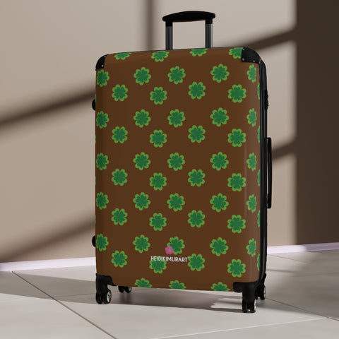 Dark Brown Clover Print Suitcases, Irish Style St. Patrick's Day Holiday Designer Suitcase Luggage (Small, Medium, Large) Unique Cute Spacious Versatile and Lightweight Carry-On or Checked In Suitcase, Best Personal Superior Designer Adult's Travel Bag Custom Luggage - Gift For Him or Her - Made in USA/ UK