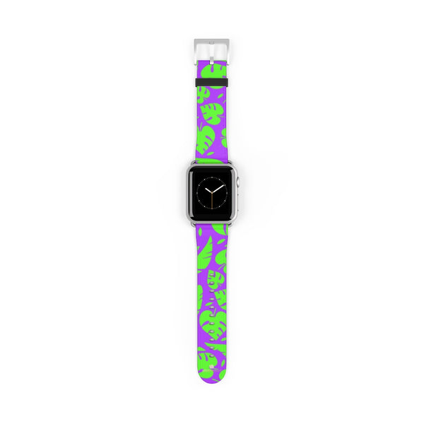 Purple Green Tropical Leaf Print 38mm/42mm Watch Band For Apple Watch- Made in USA-Watch Band-38 mm-Silver Matte-Heidi Kimura Art LLC