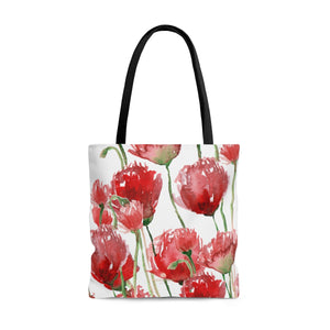 White Pacific Northwest Red Tulip Flower Floral Print Designer Tote Bag - Made in USA-Tote Bag-Large-Heidi Kimura Art LLC