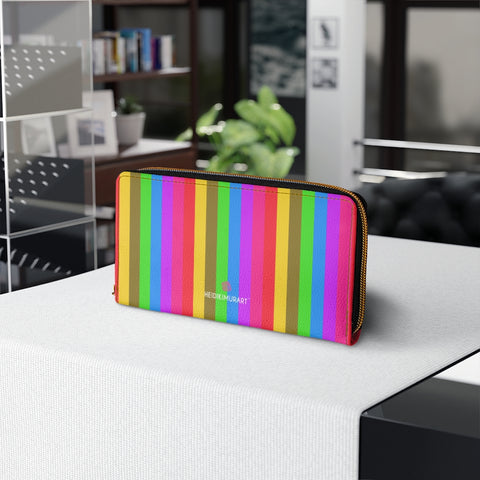 Rainbow Gay Pride Zipped Wallet, Vertical Stripes Gay Pride Colorful Print Best 7.87" x 4.33" Luxury Cruelty-Free Faux Leather Women's Wallet & Purses Compact High Quality Nylon Zip & Metal Hardware, Luxury Long Wallet Card Cases For Women