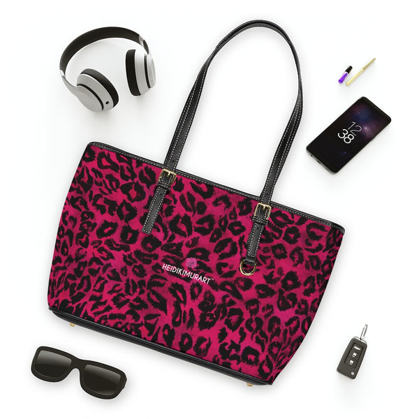Pink Leopard Print Tote Bag, Hot Pink Best Stylish Leopard Animal Printed PU Leather Shoulder Large Spacious Durable Hand Work Bag 17"x11"/ 16"x10" With Gold-Color Zippers & Buckles & Mobile Phone Slots & Inner Pockets, All Day Large Tote Luxury Best Sleek and Sophisticated Cute Work Shoulder Bag For Women With Outside And Inner Zippers