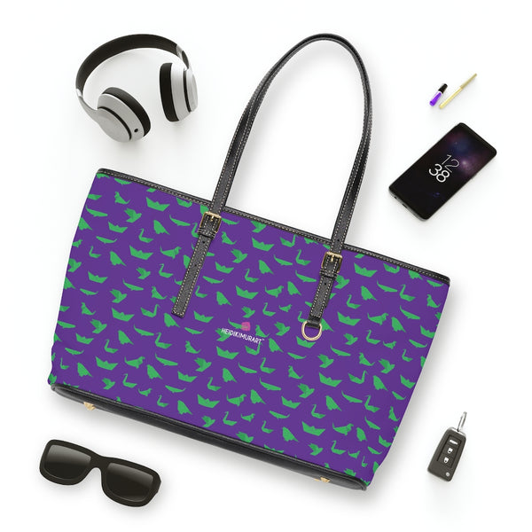 Green Crane Purple Tote Bag, Best Stylish Fashionable Printed PU Leather Shoulder Large Spacious Durable Hand Work Bag 17"x11"/ 16"x10" With Gold-Color Zippers & Buckles & Mobile Phone Slots & Inner Pockets, All Day Large Tote Luxury Best Sleek and Sophisticated Cute Work Shoulder Bag For Women With Outside And Inner Zippers