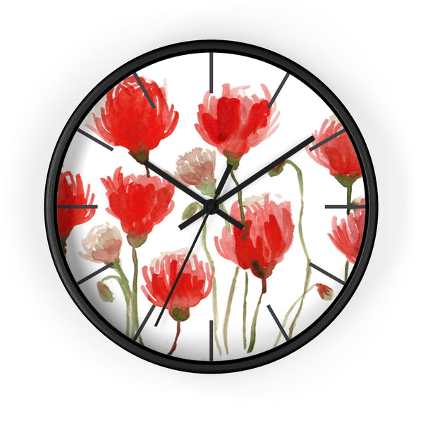 Orange Red Tulips Floral Print Large 10 inch Diameter Flower Wall Clock - Made in USA-Wall Clock-Black-Black-Heidi Kimura Art LLC