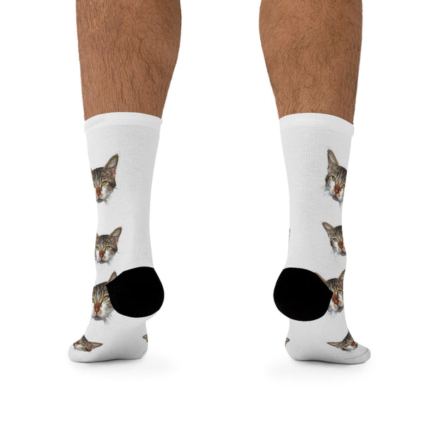 White Cat Print Socks, Designer Cute Calico Cat 1-Size Knit Premium Socks- Made in USA-Socks-One size-Heidi Kimura Art LLC