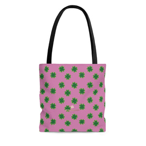 Pink Green 4 Leaf Lucky Clover Print St. Patrick's Day Irish Style Tote Bag- Made in USA-Tote Bag-Large-Heidi Kimura Art LLC