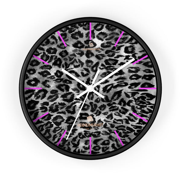 Gray Leopard Print Wall Clock, Animal Print 10 in. Dia. Indoor Wall Clock- Made in USA-Wall Clock-10 in-Black-White-Heidi Kimura Art LLC