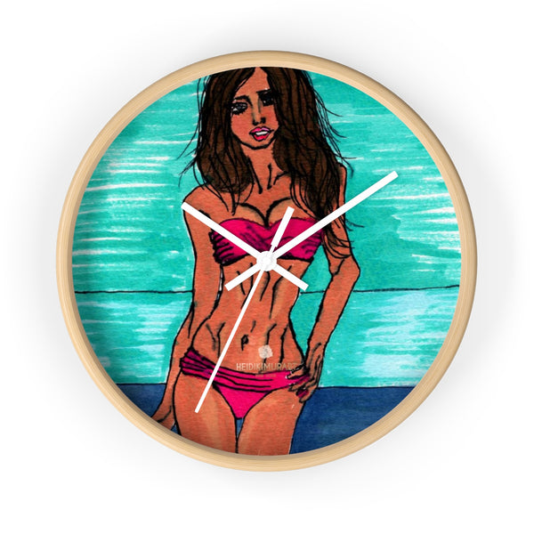 Pink Sexy Bikini Model Swimsuit Fashion Modern 10 inch Diameter Wall Clock-Wall Clock-10 in-Wooden-White-Heidi Kimura Art LLC