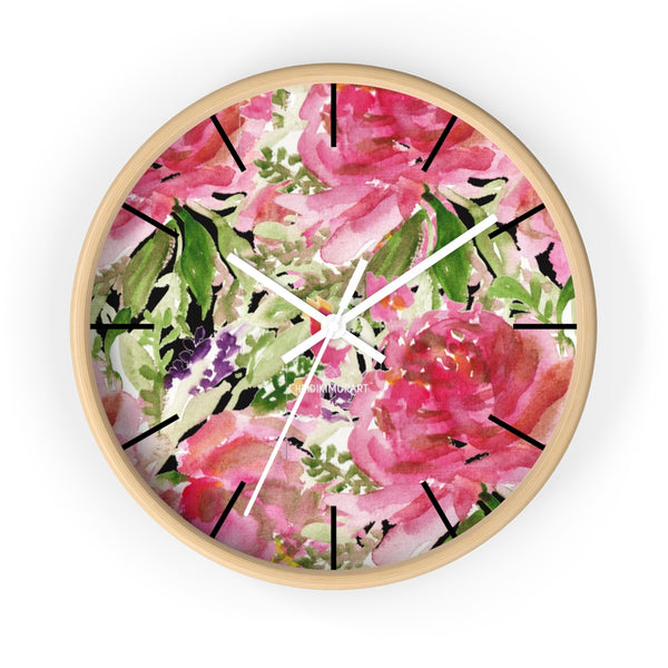 Pink Floral Rose Wall Clock,  Floral 10 inch Diameter Wall Clock, Large Round Wood Girl Children Bedroom Wall Clock