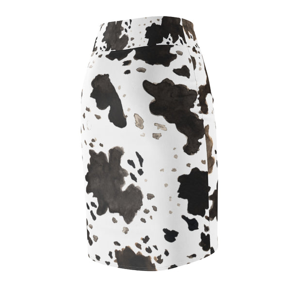 Cow Print White Brown Black Designer Women's Pencil Skirt - Made in USA (Size XS-2XL)-Pencil Skirt-Heidi Kimura Art LLC
