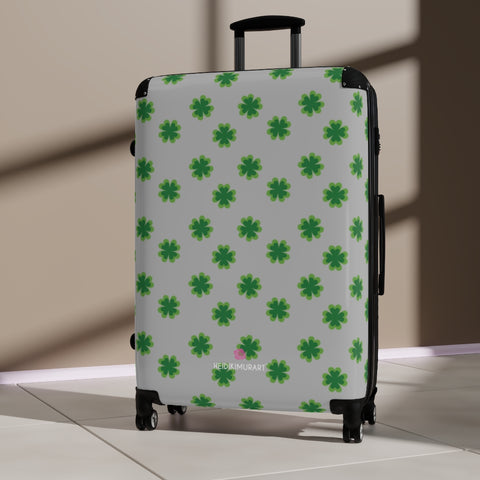 Light Grey Clover Print Suitcases, Irish Style St. Patrick's Day Holiday Designer Suitcase Luggage (Small, Medium, Large) Unique Cute Spacious Versatile and Lightweight Carry-On or Checked In Suitcase, Best Personal Superior Designer Adult's Travel Bag Custom Luggage - Gift For Him or Her - Made in USA/ UK