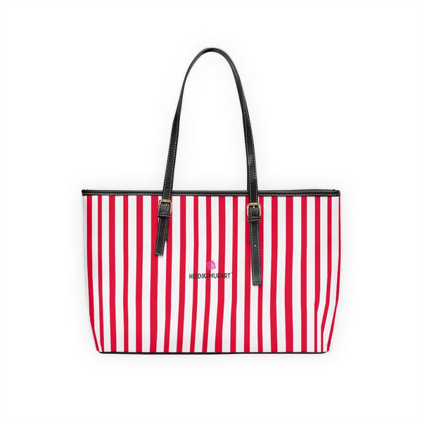 Best Red Stripes Tote Bag, Best Stylish Hot Red and White Striped PU Leather Shoulder Large Spacious Durable Hand Work Bag 17"x11"/ 16"x10" With Gold-Color Zippers & Buckles & Mobile Phone Slots & Inner Pockets, All Day Large Tote Luxury Best Sleek and Sophisticated Cute Work Shoulder Bag For Women With Outside And Inner Zippers