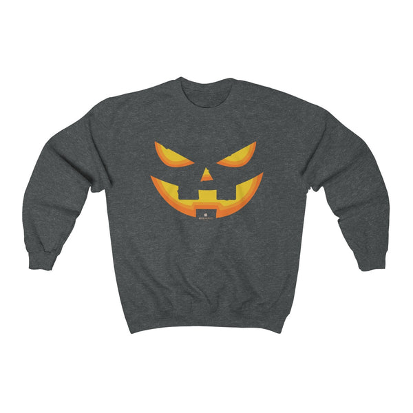 Orange Smiling Pumpkin Face Unisex Heavy Blend Designer Crewneck Sweatshirt-Long-sleeve-Dark Heather-S-Heidi Kimura Art LLC