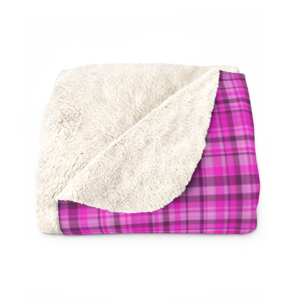 Pink Tartan Plaid Print Designer Cozy Sherpa Fleece Blanket-Made in USA-Blanket-Heidi Kimura Art LLC