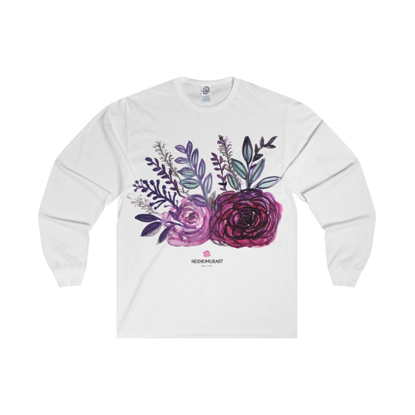 Rose Floral Print Premium Women's Designer Long Sleeve Tee - Made in USA-Long-sleeve-White-S-Heidi Kimura Art LLC