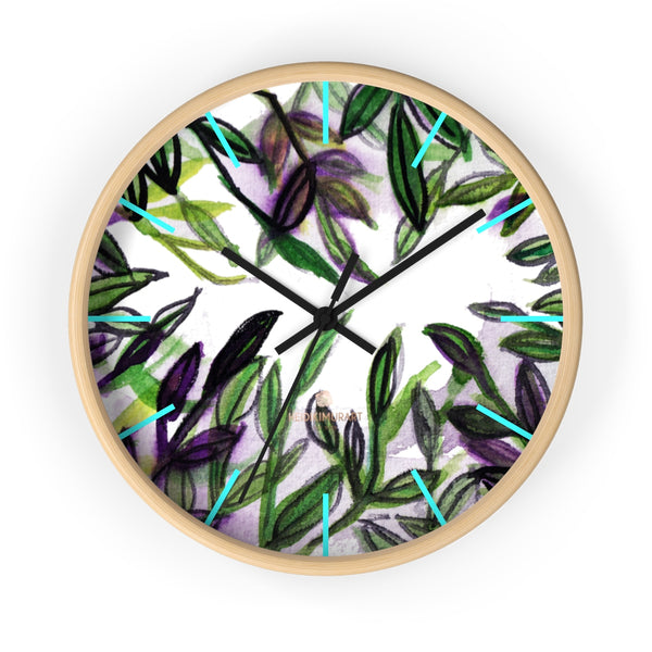 Green Purple Tropical Leaf Print Designer 10 in. Dia. Indoor Wall Clock- Made in USA-Wall Clock-10 in-Wooden-Black-Heidi Kimura Art LLC