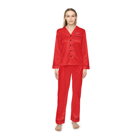 Red Color Women's Satin Pajamas, Luxury Premium Solid Color Lougewear For Women