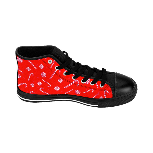 Bright Red Christmas Red White Candy Cane Men's High-Top Sneakers Shoes-Men's High Top Sneakers-Heidi Kimura Art LLC