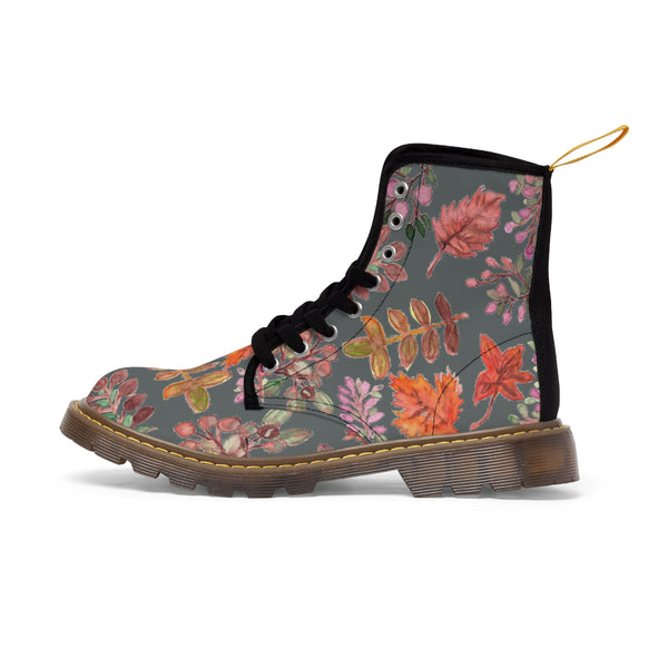 Grey Fall Leaves Women's Boots, Autumn Fall Leaves Print Women's Boots, Combat Boots, Designer Women's Winter Lace-up Toe Cap Hiking Boots Shoes For Women (US Size 6.5-11) Fall Leaves Fashion Canvas Shoes, Fall Leaves Print Winter Boots, Autumn Leaves Printed Boots For Ladies, Colorful Boots For Women