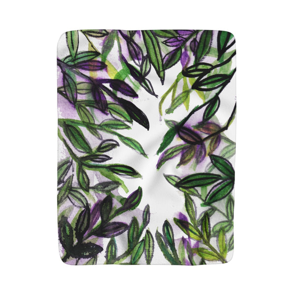 Green Purple Tropical Green Leaves Print 50"x60" Large Sherpa Fleece Blanket-Made in USA-Blanket-50x60-Heidi Kimura Art LLC