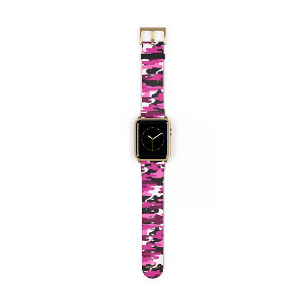 Pink White Camo Army Print 38mm/42mm Watch Band For Apple Watch- Made in USA-Watch Band-42 mm-Gold Matte-Heidi Kimura Art LLC