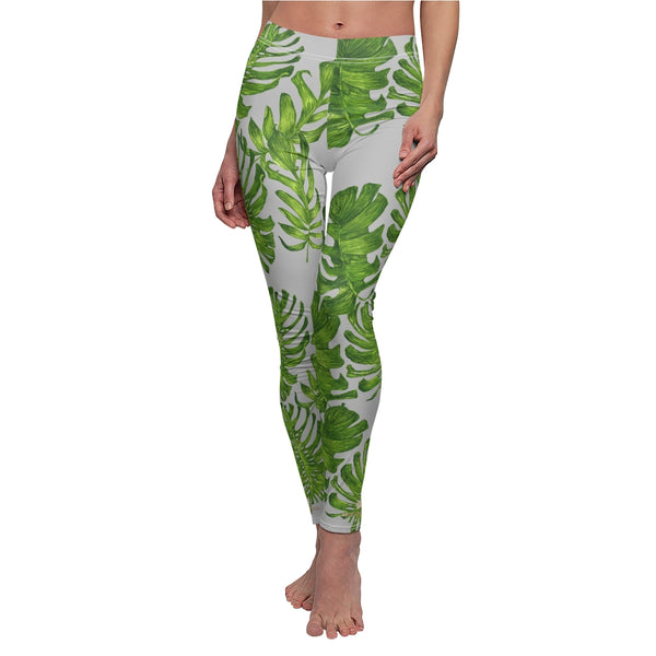 Light Gray Green Tropical Leaf Print Women's Dressy Long Casual Leggings- Made in USA-Casual Leggings-Heidi Kimura Art LLC