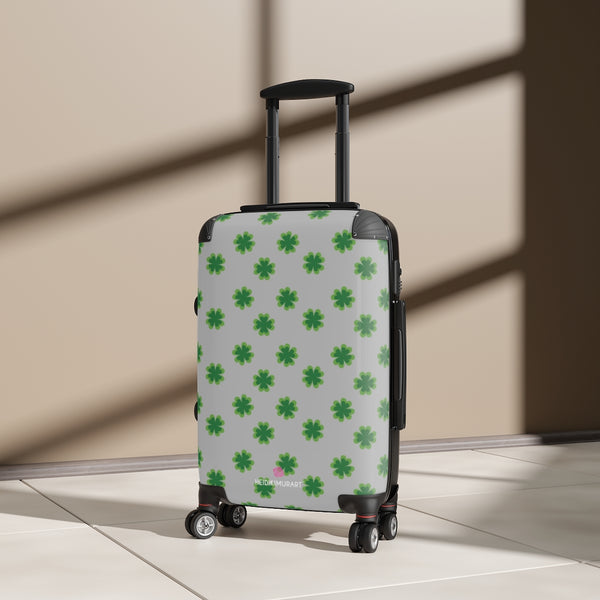 Light Gray Clover Print Suitcases, Irish Style St. Patrick's Day Designer Suitcase Luggage (Small, Medium, Large)