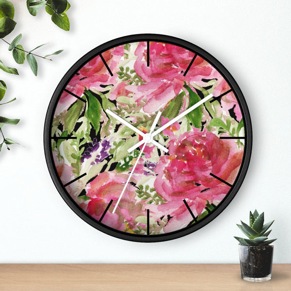 Pink Floral Rose Wall Clock,  Floral 10 inch Diameter Wall Clock, Large Round Wood Girl Children Bedroom Wall Clock
