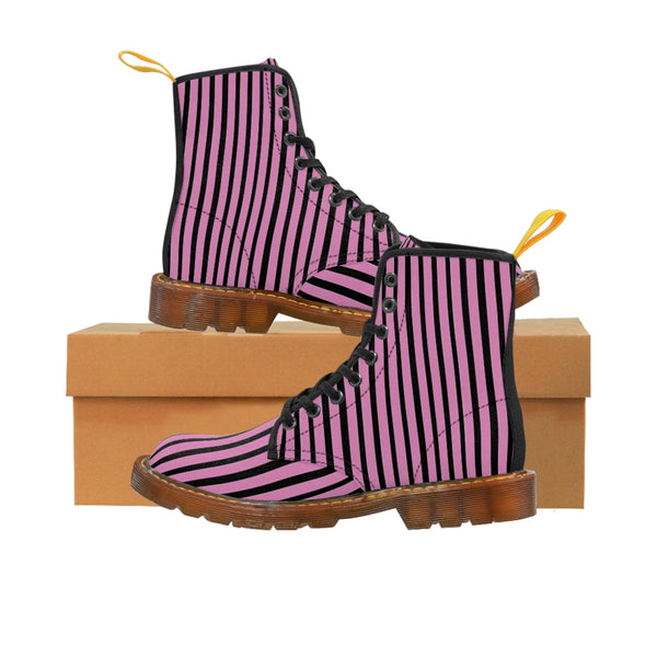 Pink Striped Print Men's Boots, Black Stripes Best Hiking Winter Boots Laced Up Shoes For Men-Shoes-Printify-Brown-US 8-Heidi Kimura Art LLC
