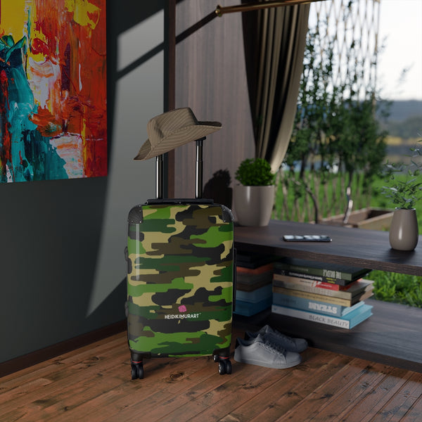 Green Brown Camo Cabin Suitcase, Classic Camouflaged Army Military Print Carry On Polycarbonate Front and Hard-Shell Durable Small 1-Size Carry-on Luggage With 2 Inner Pockets & Built in Lock With 4 Wheel 360° Swivel and Adjustable Telescopic Handle - Made in USA/UK (Size: 13.3" x 22.4" x 9.05", Weight: 7.5 lb) Unique Cute Carry-On Best Personal Travel Bag Custom Luggage - Gift For Him or Her 