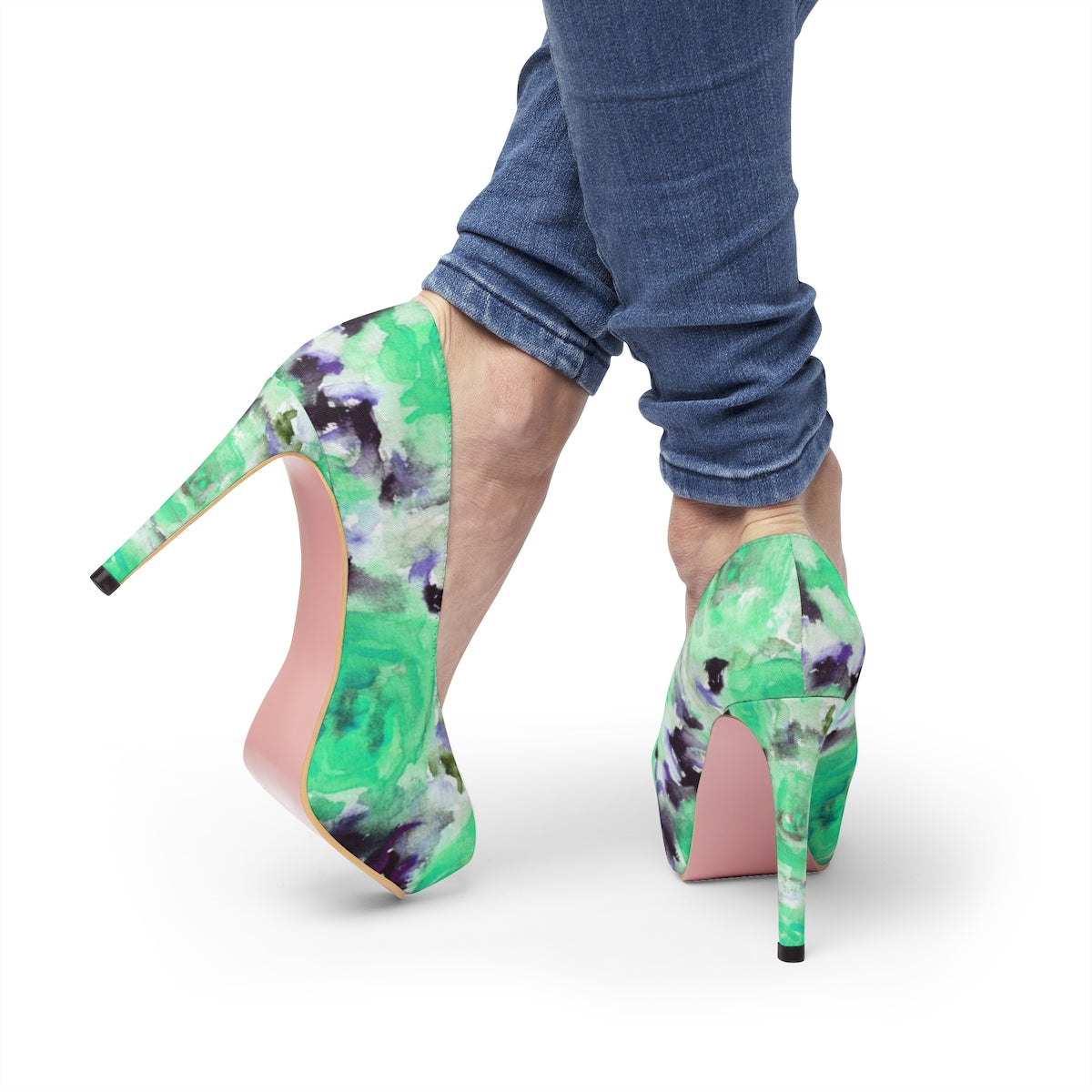 Turquoise Blue Rose Princess Floral Designer Women's 4" Platform Heels (US Size: 5-11)-4 inch Heels-US 7-Heidi Kimura Art LLC