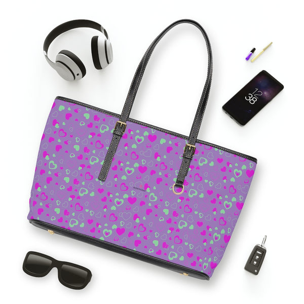 Purple Pink Hearts Tote Bag, PU Leather Shoulder Hand Work Bag