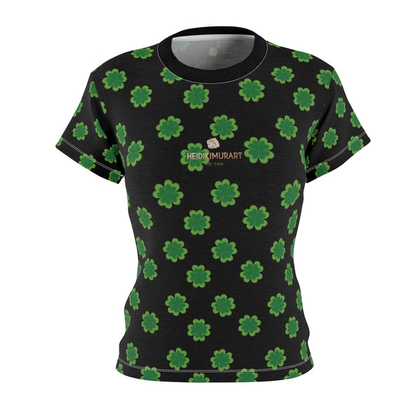 Black Green Clover Print Shirt, St. Patrick's Day Women's Crewneck Tee- Made in USA-Women's T-Shirt-XS-White Seams-4 oz.-Heidi Kimura Art LLC