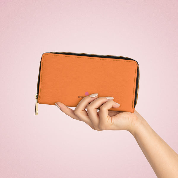 Orange Color Zipper Wallet, Solid Orange Color Best 7.87" x 4.33" Luxury Cruelty-Free Faux Leather Women's Wallet & Purses Compact High Quality Nylon Zip & Metal Hardware, Luxury Long Wallet With Cardholders For Modern Women