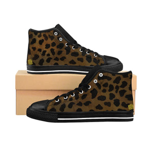 Brown Leopard Animal Print Premium Lightweight Women's High-top Fashion Sneakers-Women's High Top Sneakers-Black-US 9-Heidi Kimura Art LLC
