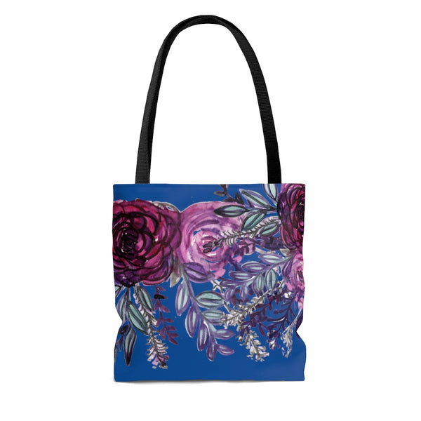Navy Blue Purple Tote Bag, Purple Rose Flower Floral Print Designer Women's Tote Bag - Made in USA (Size: 13"x13", 16"x16", 18"x18")
