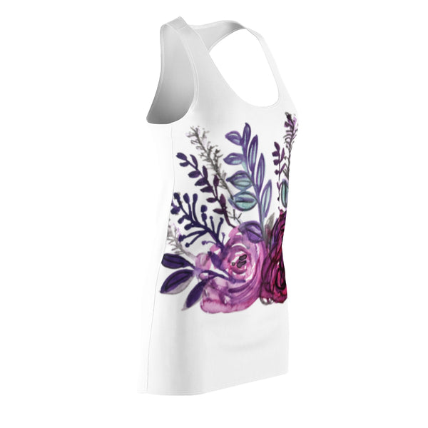White & Purple Rose Floral Print Women's Racerback Dress -Made in USA (Size: XS-2XL)-Women's Sleeveless Dress-Heidi Kimura Art LLC
