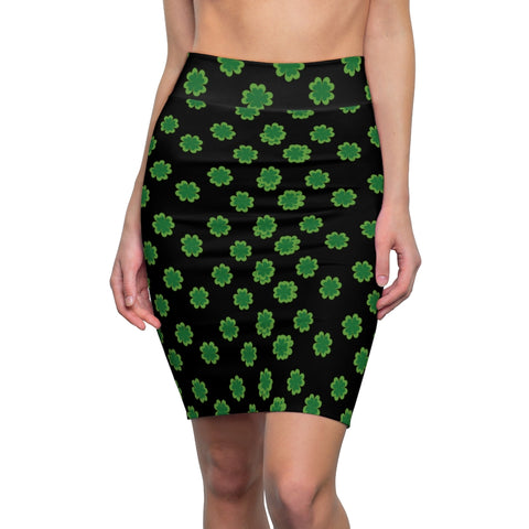 Green Clover Leaf Pencil Skirt, Black Irish Lucky St. Patrick's Day Women's Skirt- Made in USA-Pencil Skirt-2XL-4 oz.-Heidi Kimura Art LLC