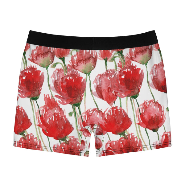 Red Poppy Floral Men's Underwear, Designer Flower Print Printed Best Underwear For Men Sexy Hot Men's Boxer Briefs Hipster Lightweight 2-sided Soft Fleece Lined Fit Underwear - (US Size: XS-3XL)
