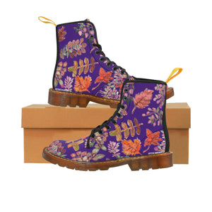 Purple Fall Leaves Women's Boots, Autumn Fall Leaves Print Women's Boots, Combat Boots, Designer Women's Winter Lace-up Toe Cap Hiking Boots Shoes For Women (US Size 6.5-11) Fall Leaves Fashion Canvas Shoes, Fall Leaves Print Winter Boots, Autumn Leaves Printed Boots For Ladies, Colorful Boots For Women
