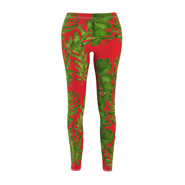 Red And Green Tropical Leaf Print Women's Dressy Long Casual Leggings- Made in USA-Casual Leggings-Heidi Kimura Art LLC